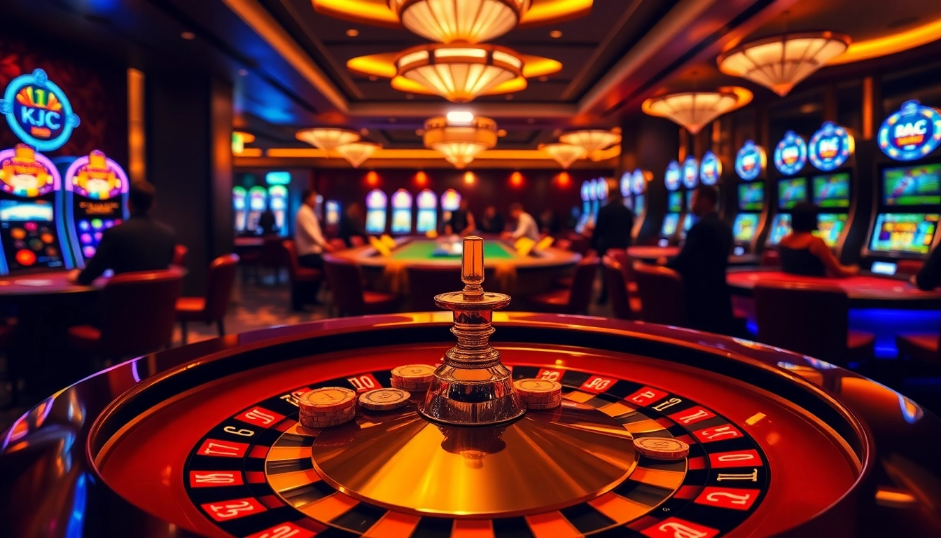KJC poker chips and roulette wheel in a luxurious casino atmosphere, showcasing thrilling gambling excitement.