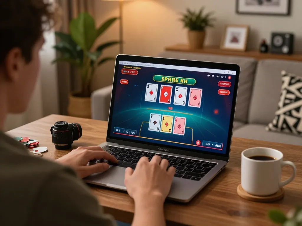 Engaged player at home using HDBET site for live blackjack, laptop screen displaying game interface with ambient lighting.
