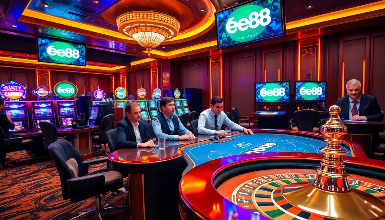 Exciting poker action at Ee88 online casino with vibrant atmosphere and joyful players.