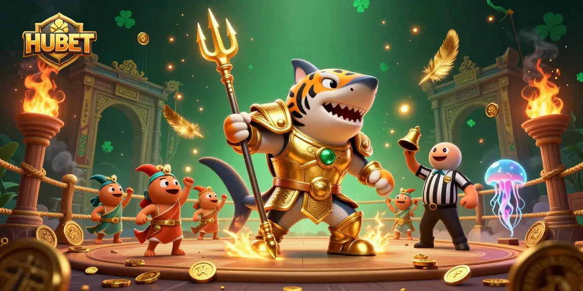 Engage in thrilling gaming adventures at HUBET with a majestic tiger shark hero in a vibrant underwater scene.