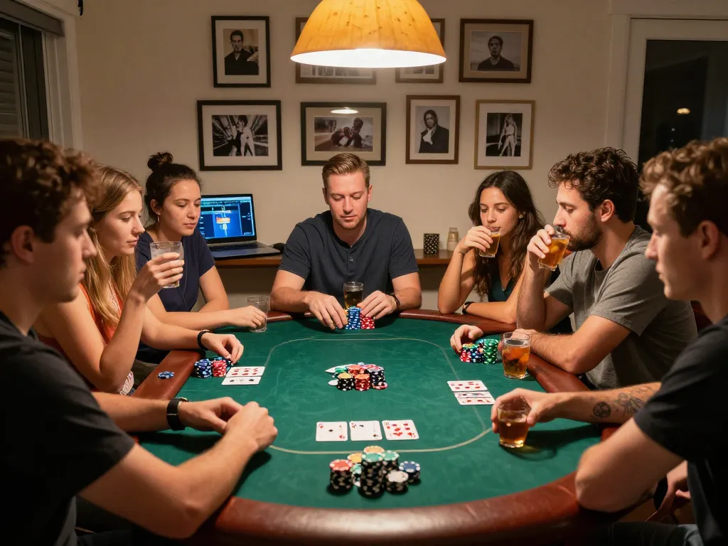 ok365 players enjoying a lively home poker game with stacks of colorful chips and cards.