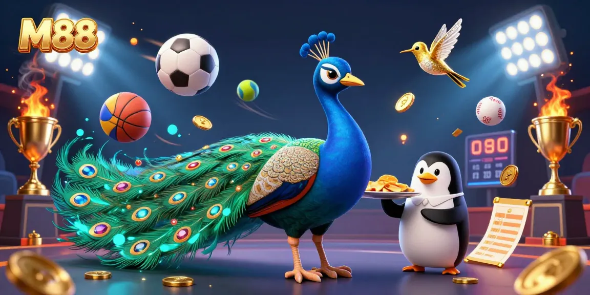 M88 presents an exciting casino scene with a vibrant peacock, a butler penguin, and dynamic sports elements.