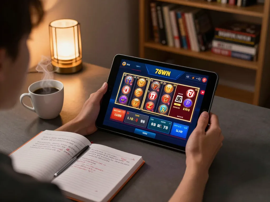 Engaging gameplay on the 789WIN casino app while enjoying a cozy home setup with strategy notes.