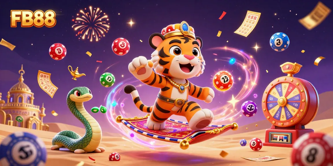 Engage with FB88’s vibrant casino illustration featuring a genie and a tiger sultan celebrating winnings.