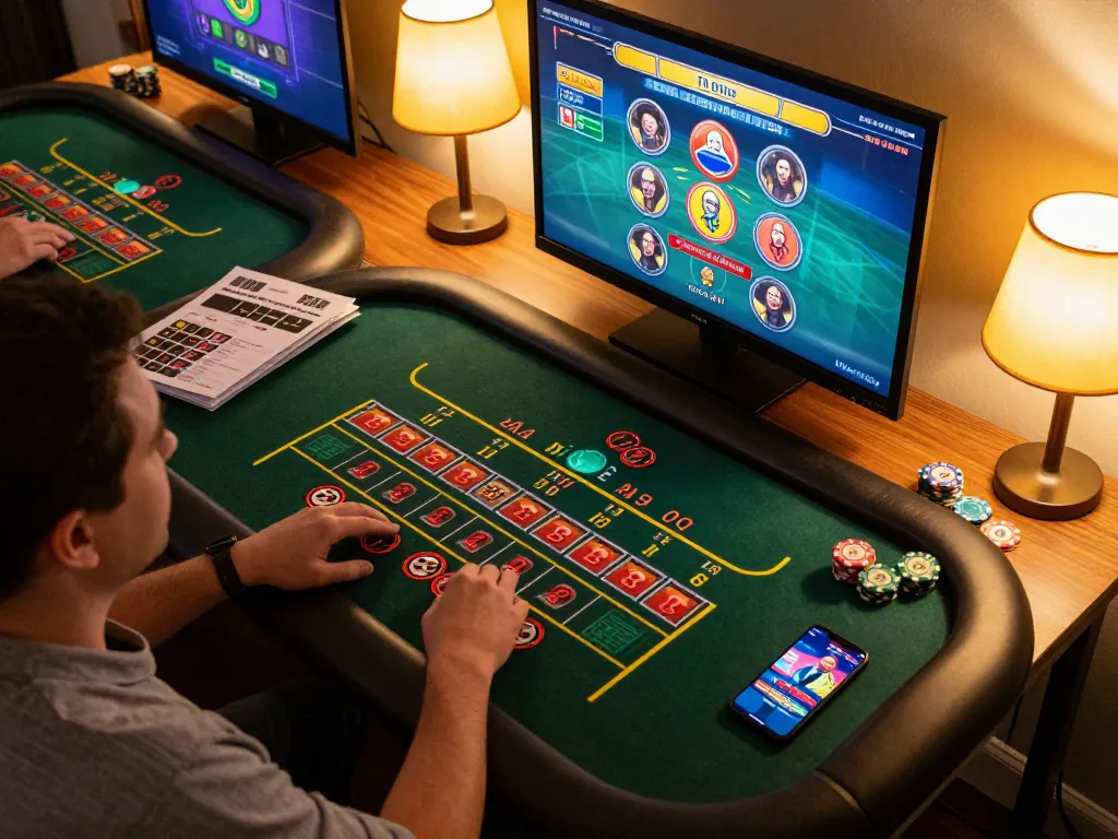 Player strategically engaging in online casino games at home with 789WIN app visible on screen.