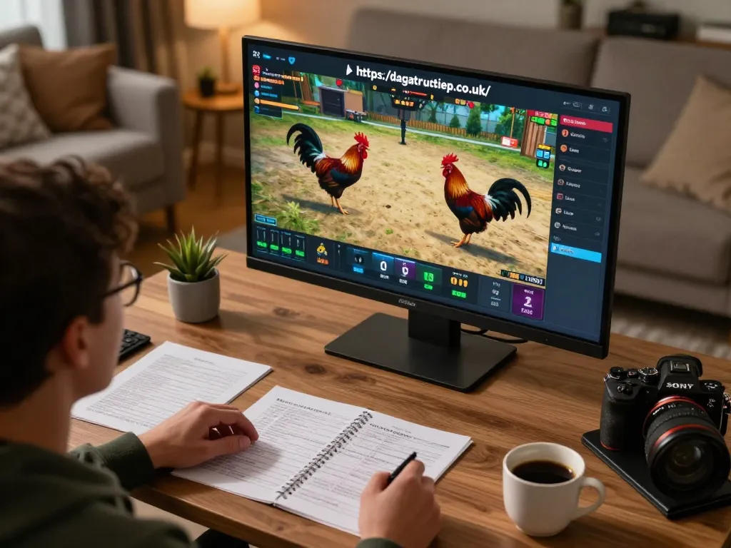 Engaged user watches live cockfighting on https://dagatructiep.co.uk/ from a cozy home setup, focusing on strategies.