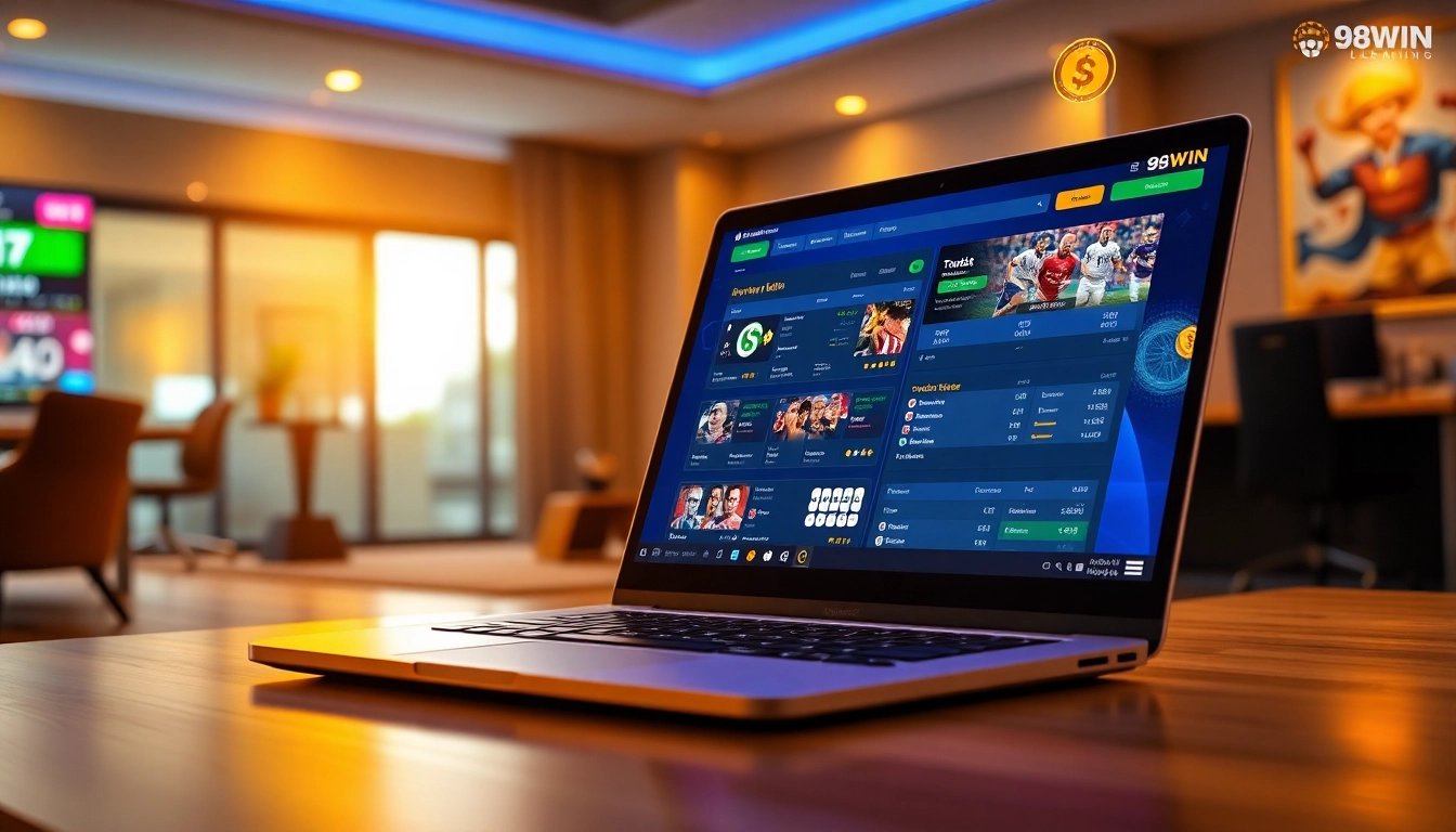 98WIN online betting platform showcasing vibrant game interface on a modern laptop.
