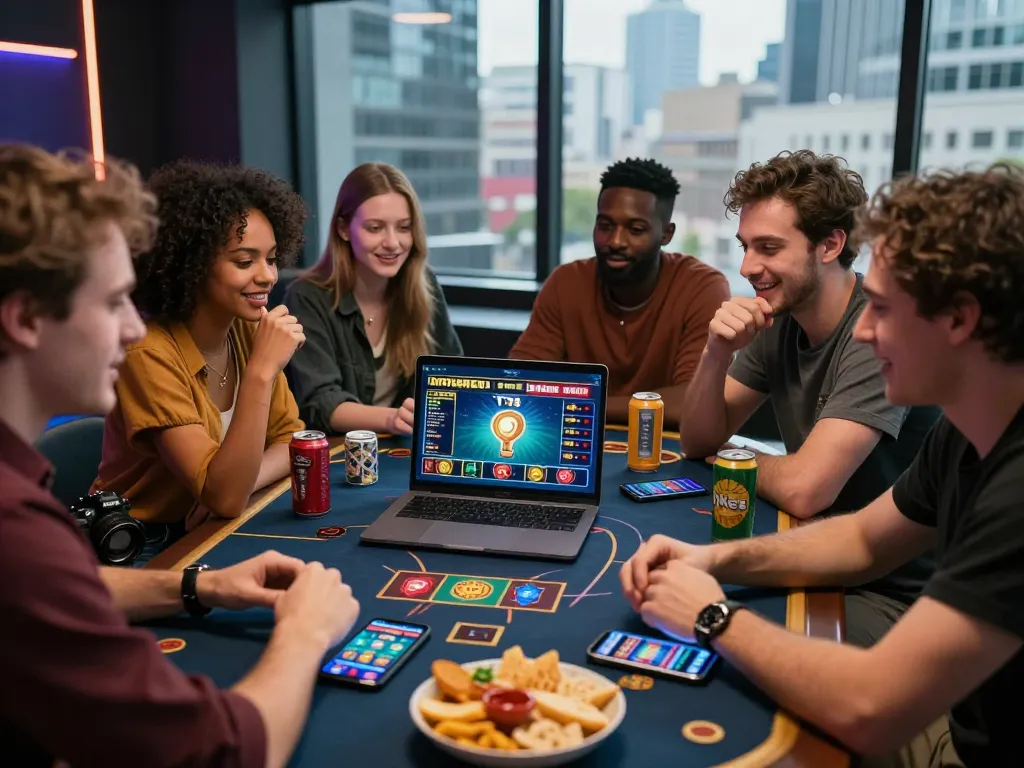 Friends enjoying online betting at TT88 with exciting game interfaces and snacks.