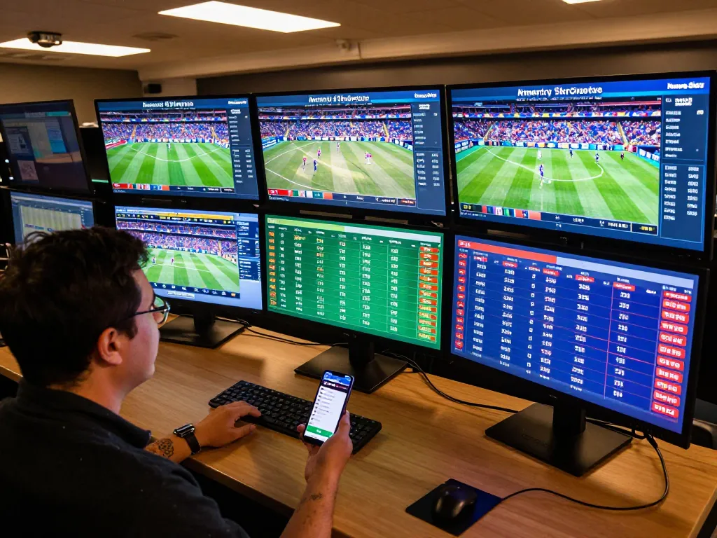 Win678 bettor analyzing sports odds on multiple monitors in modern gaming setup