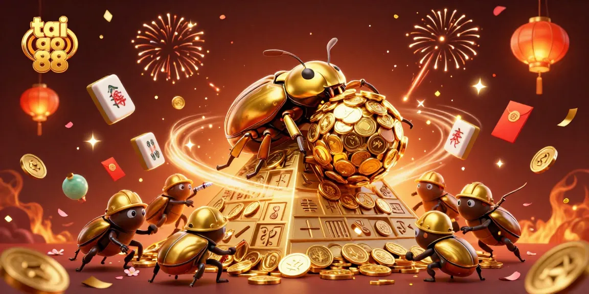 Experience the excitement of tai go 88 with a vibrant 3D casino scene featuring dynamic golden beetles.