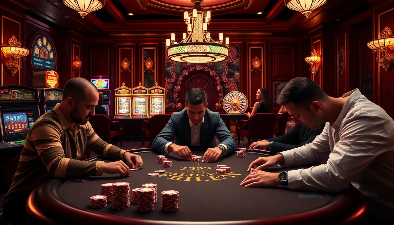 Exciting poker game atmosphere at 789P casino, showcasing intense players and colorful chips.