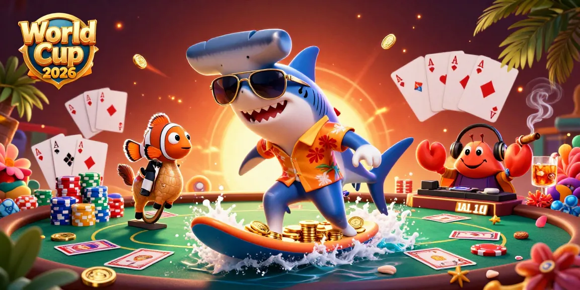 Surf on gold at World Cup 2026 with a hammer-head shark, clownfish, and crab DJ in a vibrant casino scene.