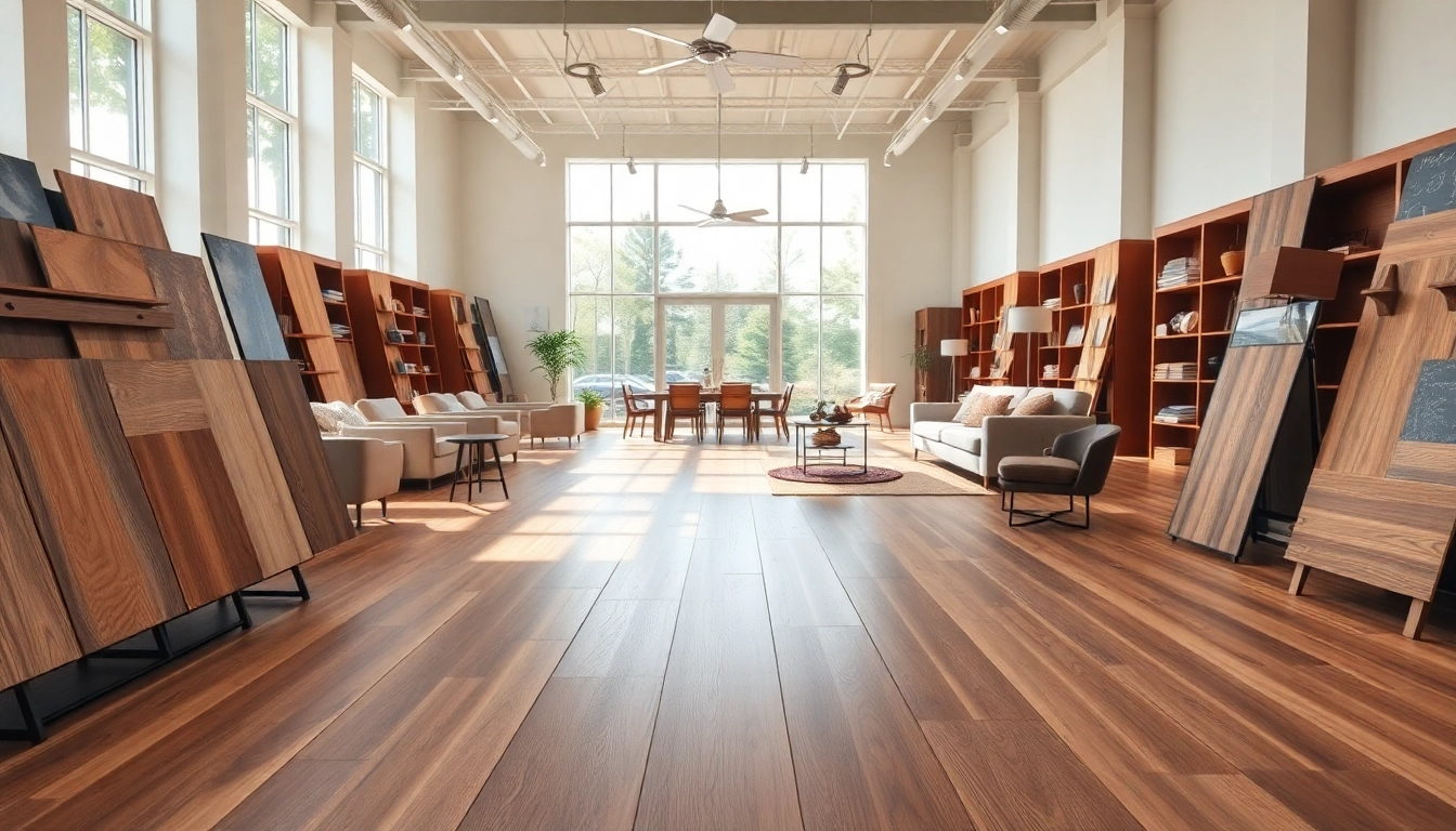 Find luxury vinyl flooring near me in a modern showroom featuring various textures and colors.