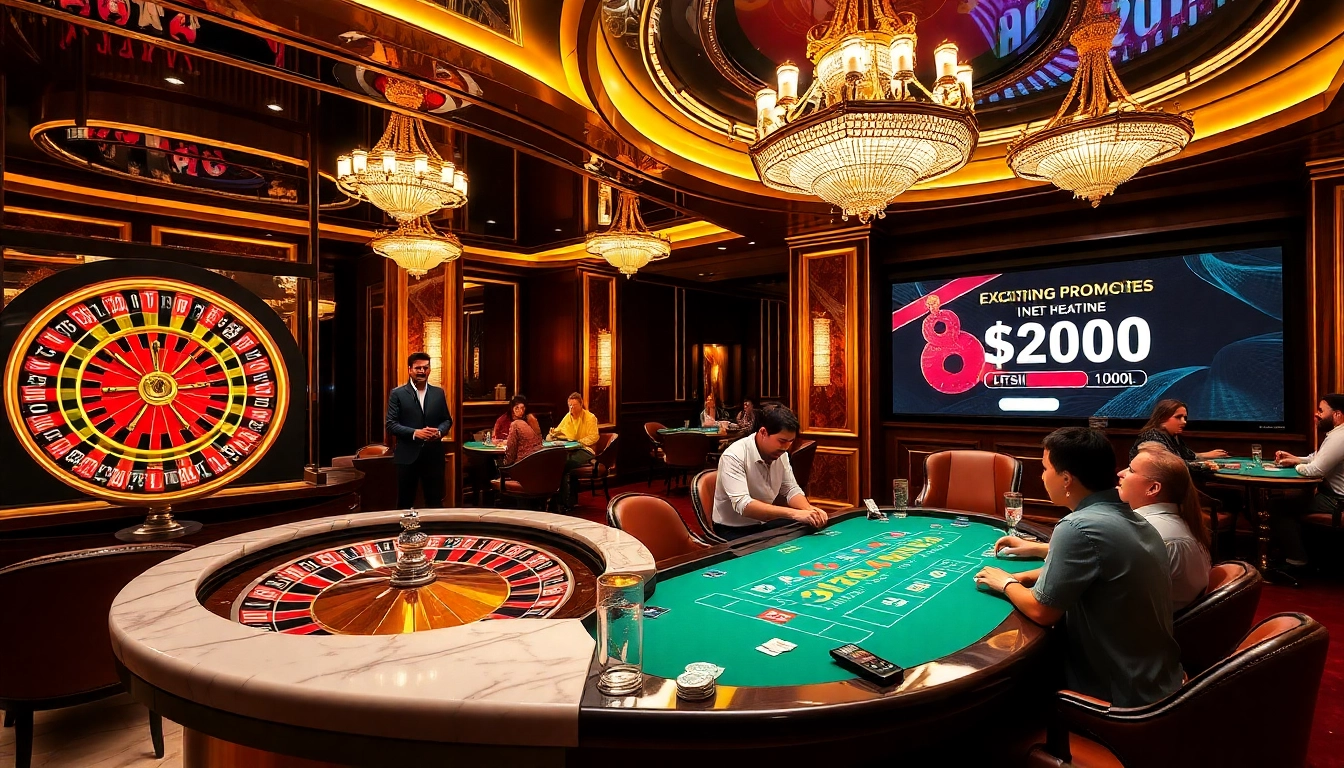 Hitclub gamblers enjoying a luxurious casino experience with roulette and blackjack tables.