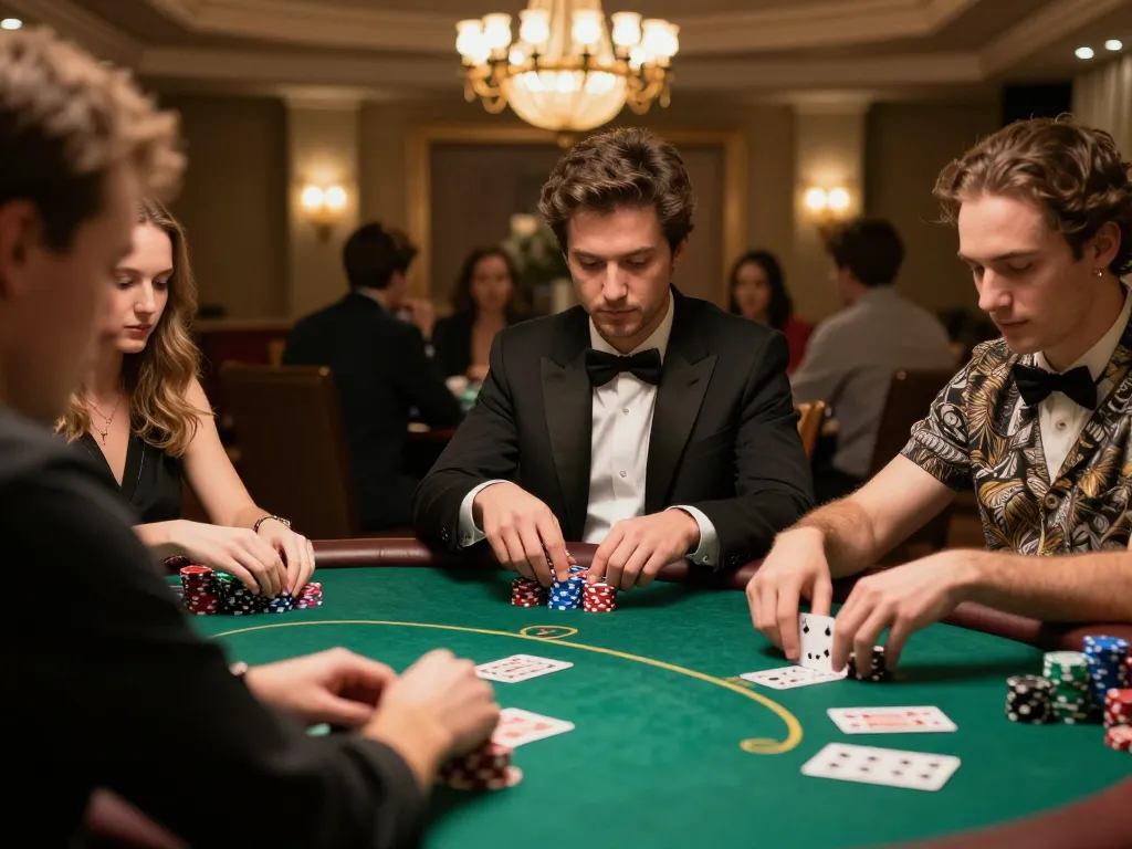 MM88 poker game night with stylish players and luxury chips at an elegant table.