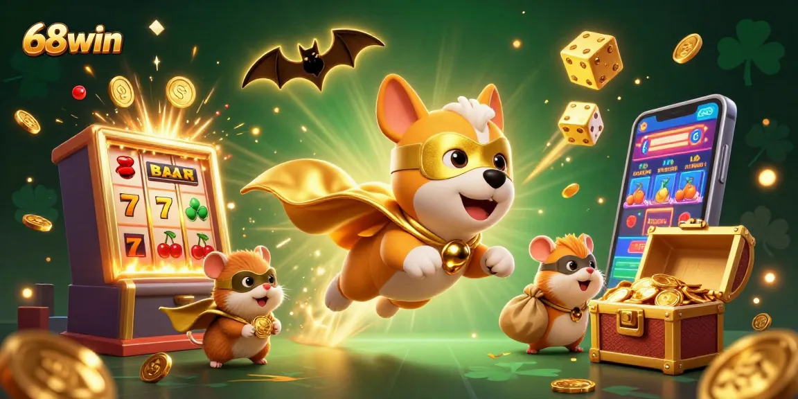 Engage with 68win's vibrant casino adventures featuring a superhero dog and thrilling gaming elements.