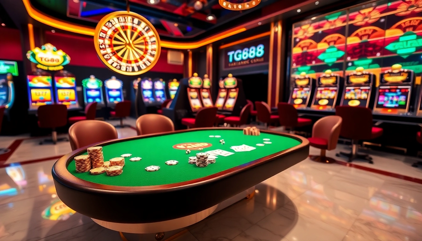 Engaging casino scene highlighting tg88-themed gaming table with vibrant lights and luxurious elements.