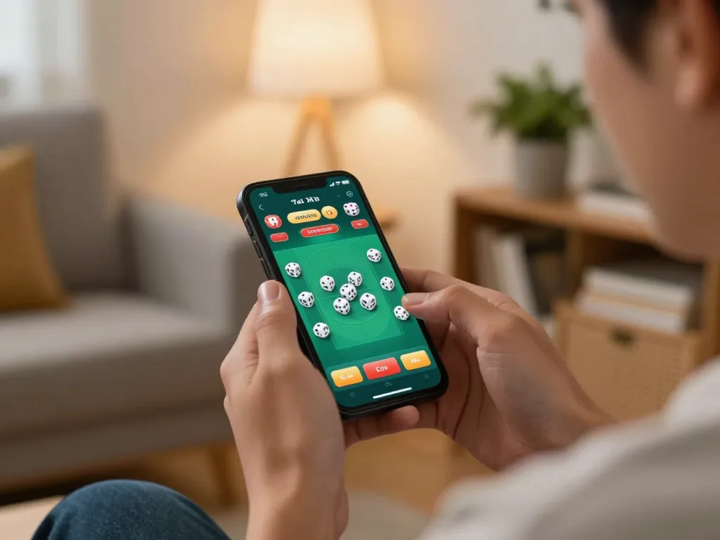 Tài xỉu online uy tín gameplay on smartphone from the comfort of home, showcasing engaging betting interface and relaxed atmosphere