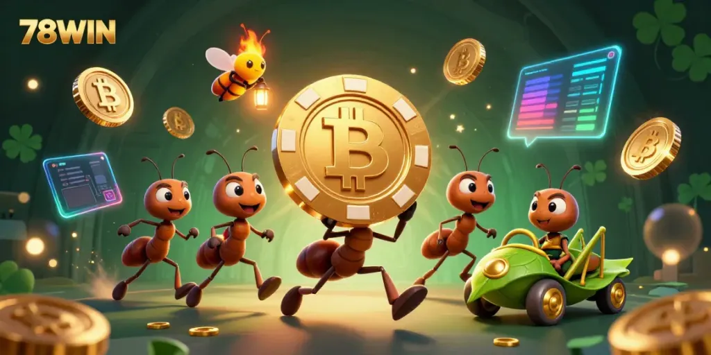 Experience 78WIN's thrilling gambling adventure through a heist led by animated ants with vibrant gaming elements.