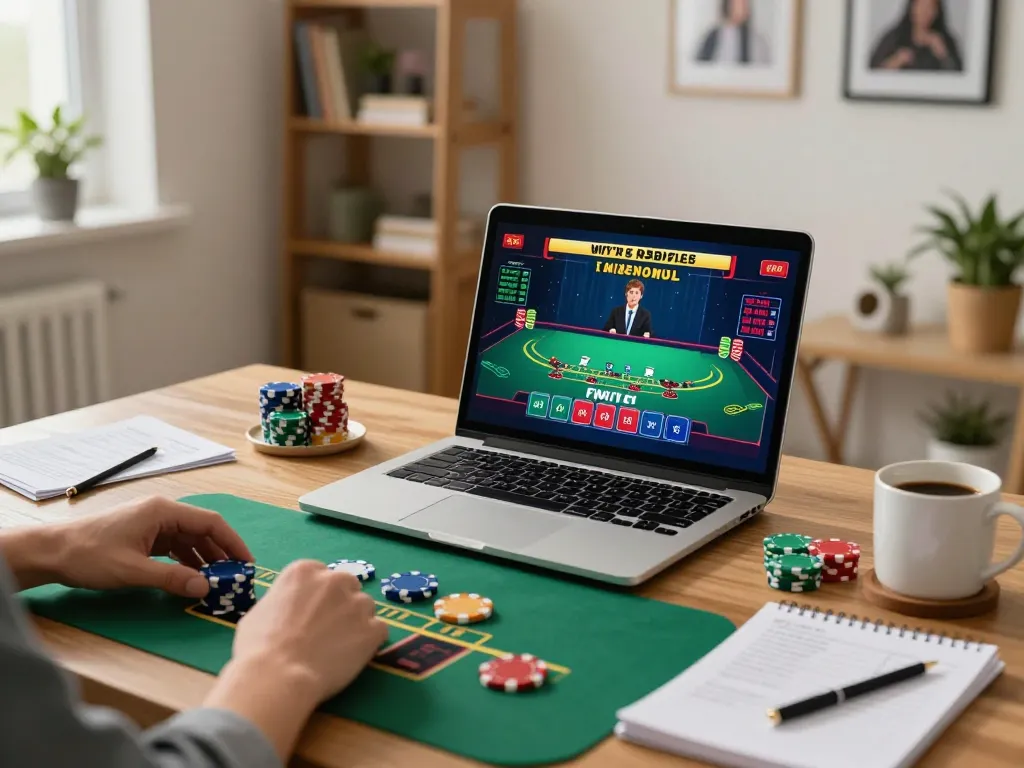 Engaged player strategizing mb66 bets at home gambling setup with laptop and chips