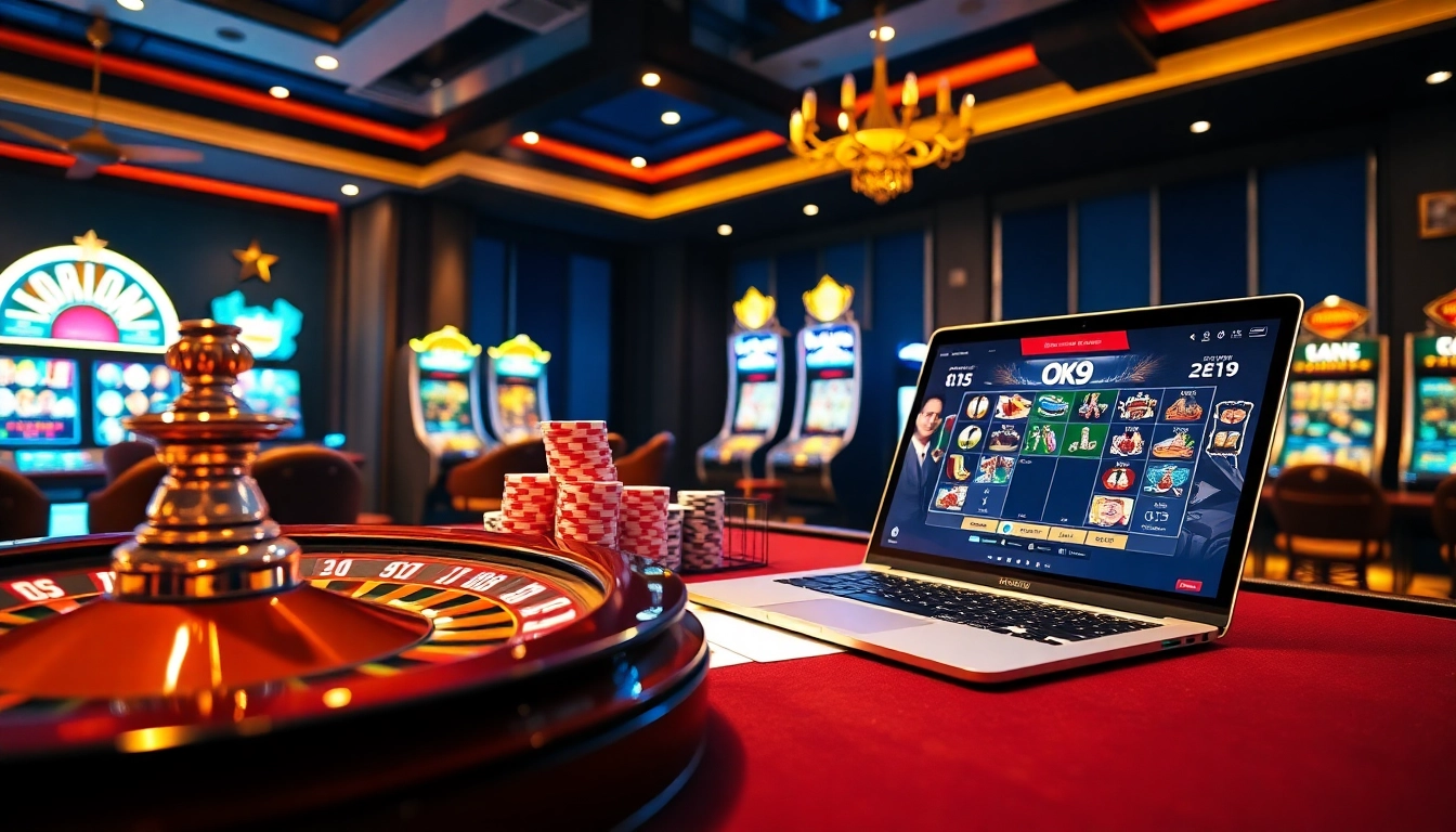 Betting online with OK9 Link featured in a luxury casino setting.