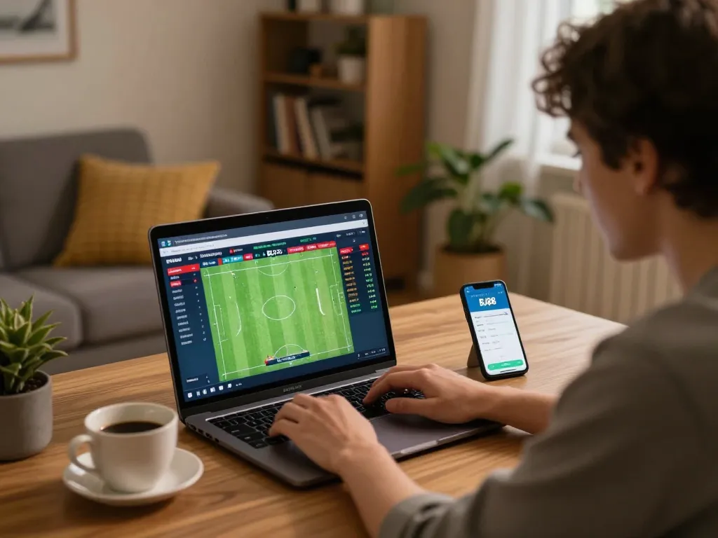 Engaging sports betting session at home on BJ88 with live odds displayed on a laptop