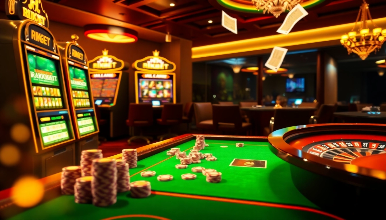 RIKBET online casino interface with poker chips, slot machines, and a spinning roulette wheel in a luxurious setting.