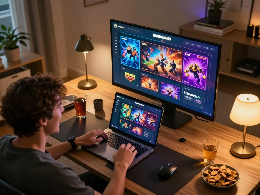 Engaged player enjoying dh88 game on personal laptop in a cozy online casino setup