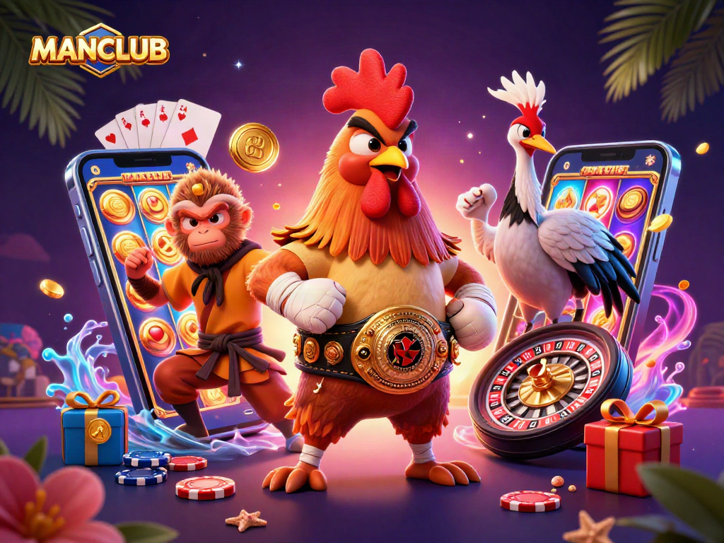Engage with MANCLUB's dynamic gaming world showcasing festive characters, casino excitement, and premium slots.