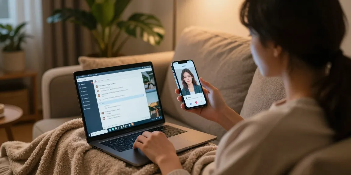 Engaging conversation with an AI girlfriend through a smartphone in a cozy home setting, creating a warm connection.