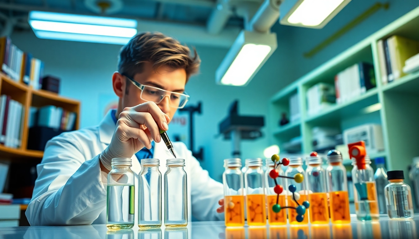 Scientist examining peptides in a lab setting, showcasing modern research techniques.