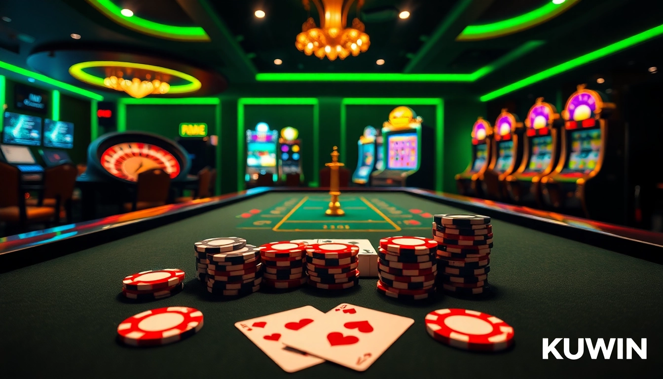 Experience excitement at KUWIN with a luxurious online casino table showcasing poker chips and cards.