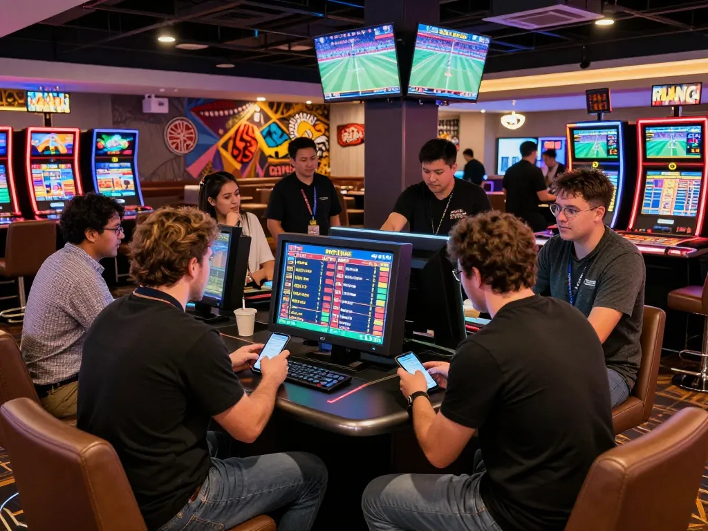 Engaged bettors in a lively sports betting area at SBOTOP, focusing on real-time odds.