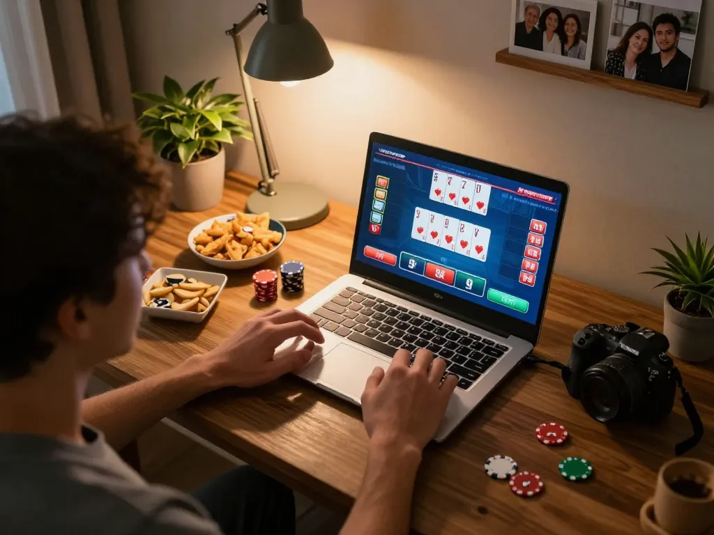 Win678 player engaged in a poker game on a laptop in cozy home setup, focusing on live betting.