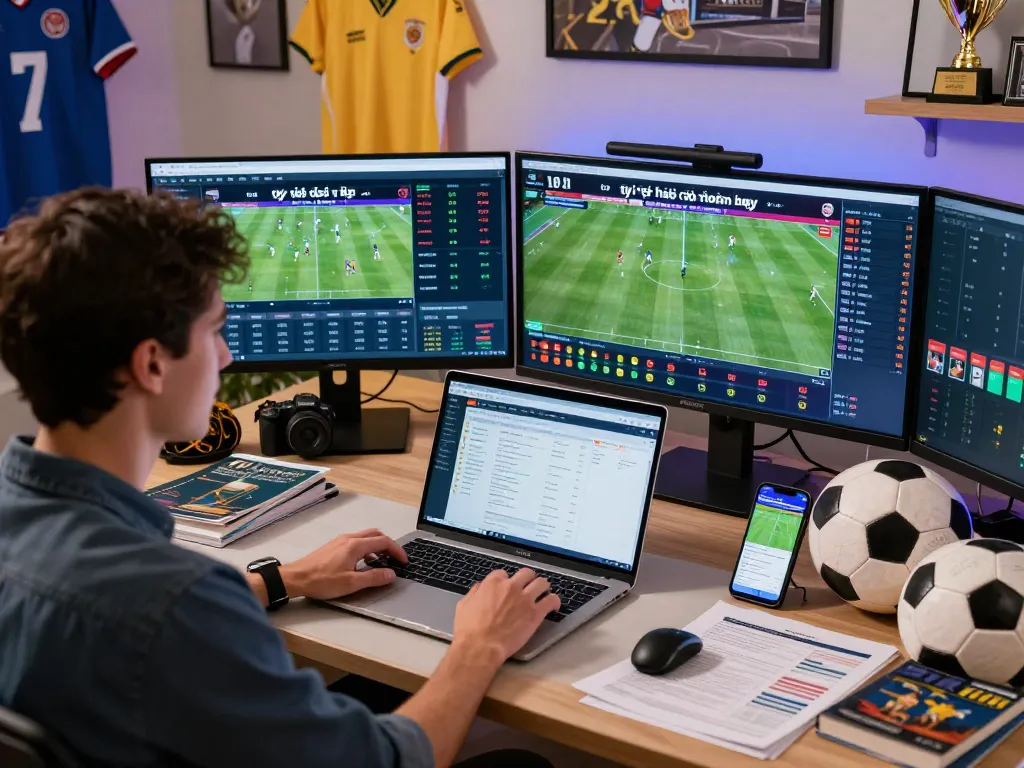 Tỷ lệ kèo nhà cái hôm nay displayed on multiple screens in a vibrant sports betting environment with memorabilia and analytics.
