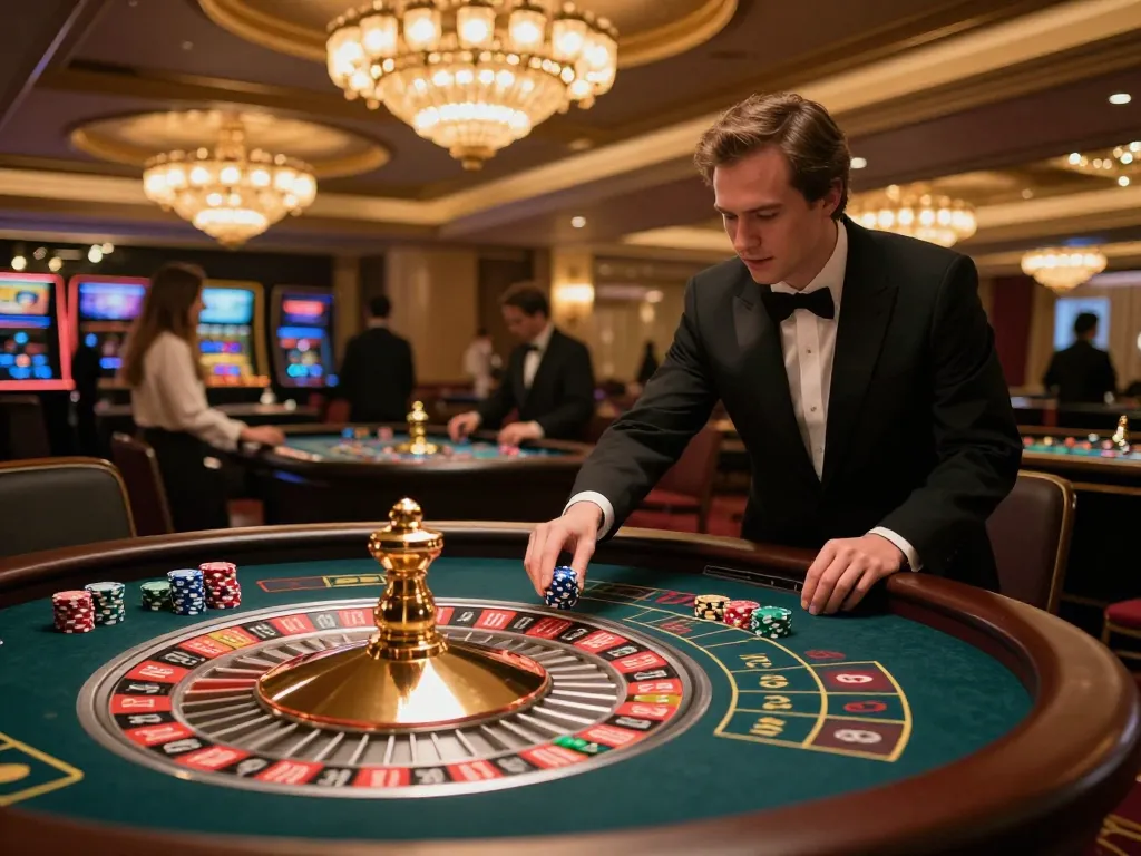EE88 roulette player eagerly placing bets while the wheel spins in an upscale casino atmosphere