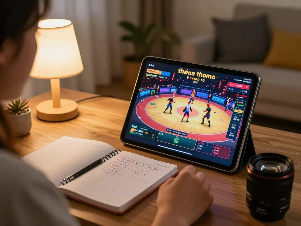 Watching Đá gà thomo live stream on a tablet, engaged in strategic betting at home.