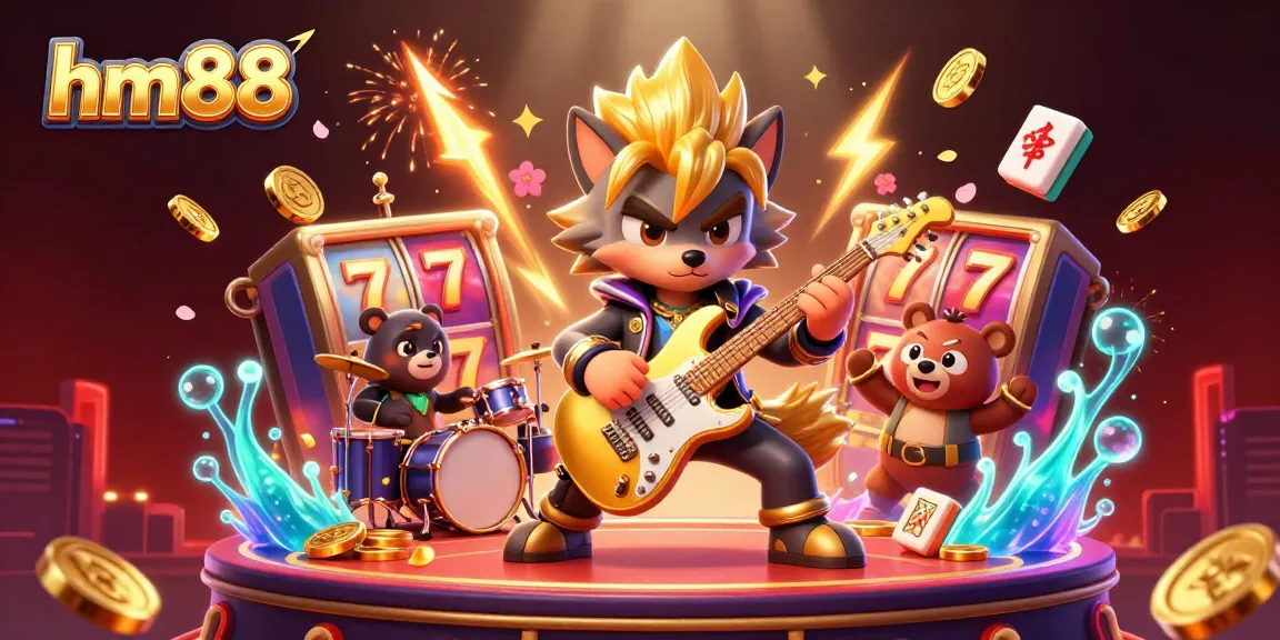 Experience thrilling gameplay at hm88 with energetic characters and dazzling slot games around a vibrant casino stage.