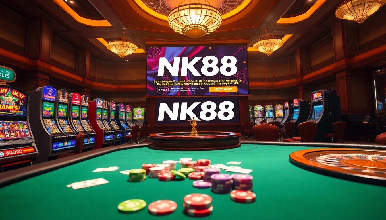 NK88 online gaming interface showcasing poker tables and slot machines in a luxurious casino atmosphere.