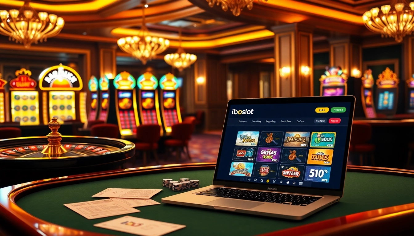 Exciting gameplay at iboslot showcasing vibrant slot machines and poker chips in a luxurious casino setting.
