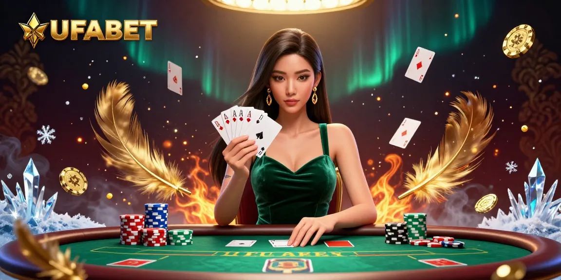 Experience the excitement of UFABET poker as a beautiful Asian woman plays at a luxury table, surrounded by dynamic elements.