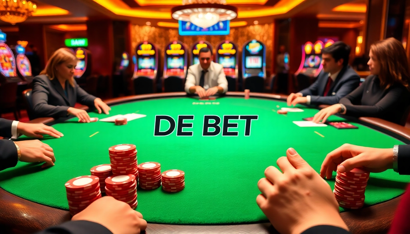 Players enjoy a thrilling poker game at DE BET's luxurious casino.