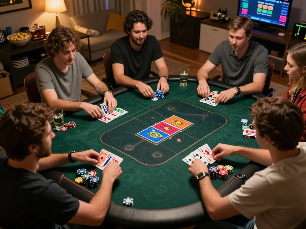 Engaging online poker gameplay on km777 with players focused on their screens in a cozy atmosphere.