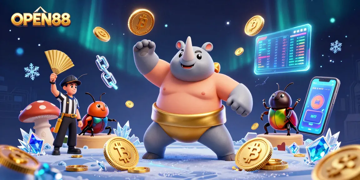 Experience thrilling gameplay at OPEN88 with a dynamic scene of a rhinoceros beetle sumo champion and crypto elements.