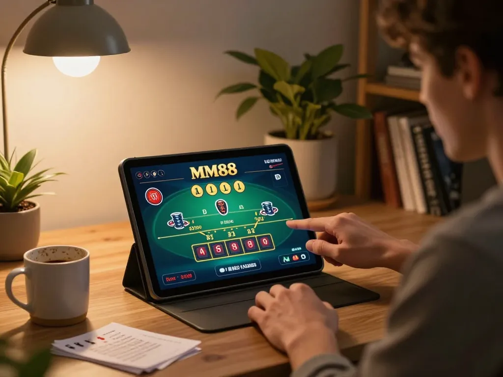 Player engaged in live dealer blackjack on MM88 platform, surrounded by personal gaming setup elements.