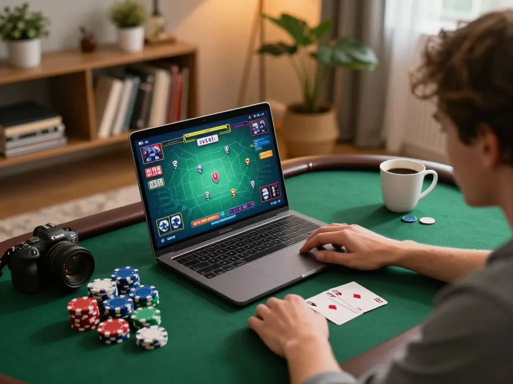 7M poker gaming session at home with warm lighting and laptop display showing active gameplay.