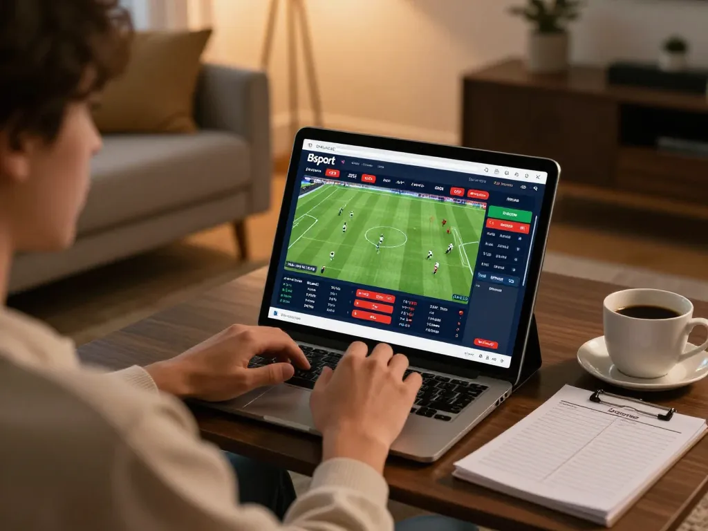 Bsport user actively betting on live sports matches using a tablet in cozy home setting