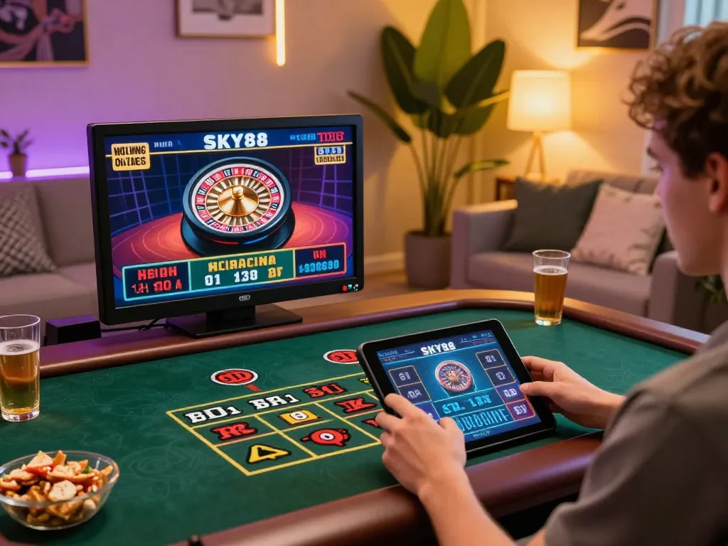 Engage with SKY88 roulette games on a tablet in a cozy home setting.
