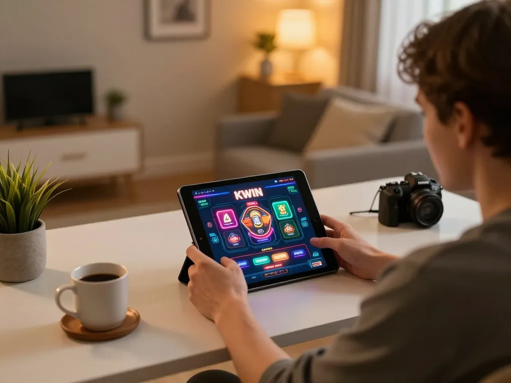 KWIN user engaging in online gambling on a tablet at a stylish home setup, showcasing a modern casino experience.
