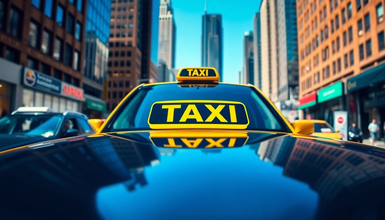 Taxi driving through a busy city street, showcasing modern features and vibrant surroundings.
